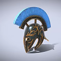 Spartan Helmet With Blue Plume And Gold Leaf Decorations On Black Surface