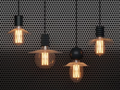 Vintage Pendant Lights With Illuminated Edison Bulbs And Minimalist Design On Black Perforated Background 3d model