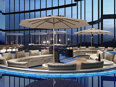 Elegant Rooftop Bar With Large Glass Walls Umbrellas Comfortable Sofa Seating And City View 3d model