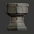 Carved Stone Basin With Square Base And Intricate Carvings On Wooden Platform