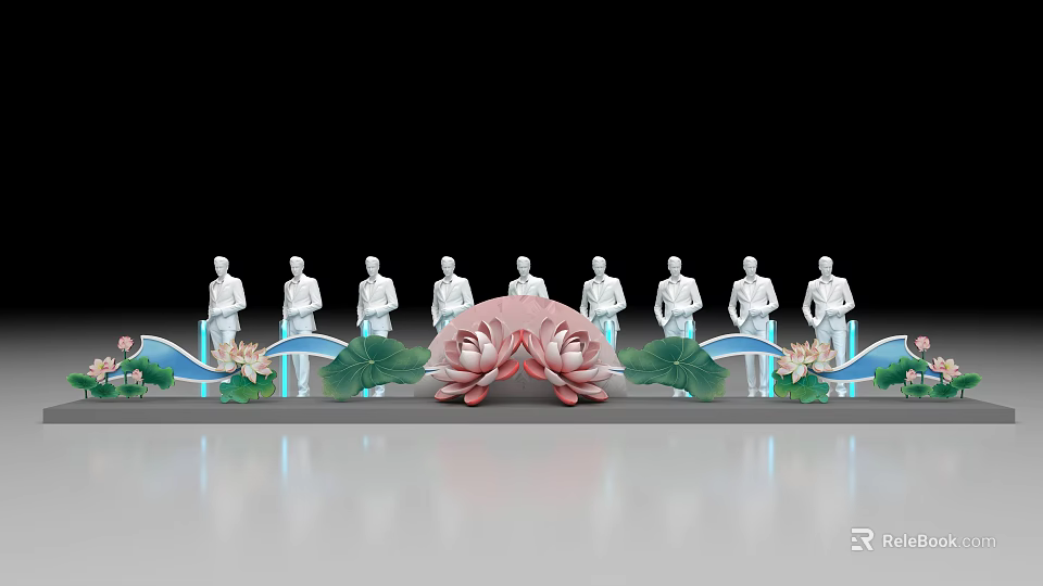 Elegant Launch Device With White Human Figures Pink Lotus Green Lotus Leaves And Blue Waves 3d model 