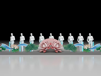 Elegant Launch Device With White Human Figures Pink Lotus Green Lotus Leaves And Blue Waves 3d model