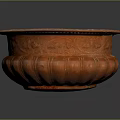 Orange Ceramic Garden Ornament Planter With Carved Patterns And Decorative Rim