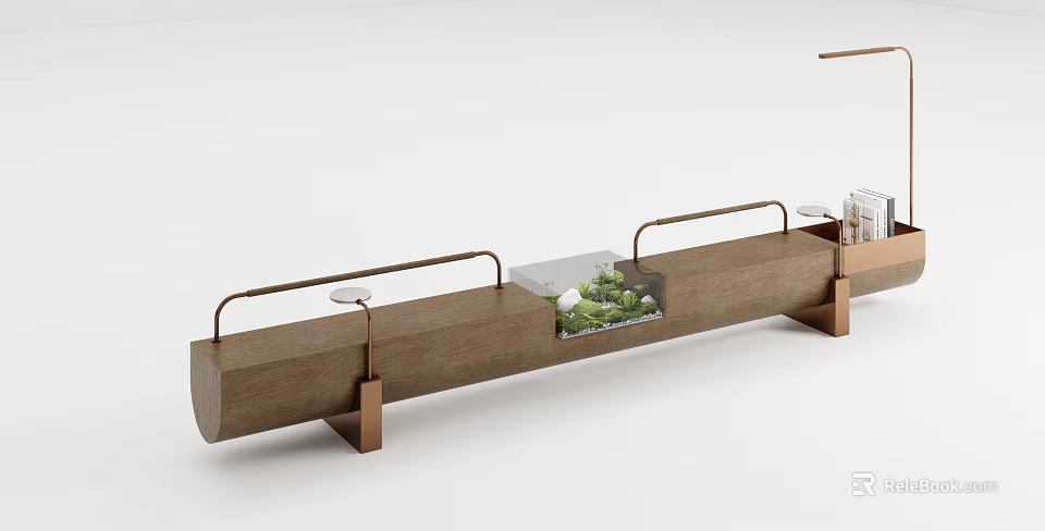 Modern Wooden Landscape Seat With Metal Armrests And Integrated Green Plants 3d model 
