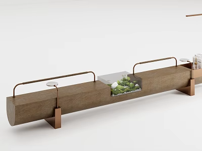 Modern Wooden Landscape Seat With Metal Armrests And Integrated Green Plants 3d model