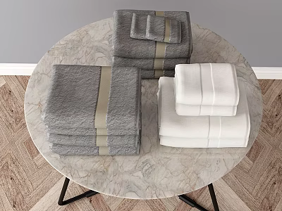 Gray and White Towels Stacked With Striped Bands On Round Marble Table 3d model