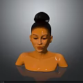 Woman Bust With Black Bun Hairstyle Orange Skin Tone Against Dark Background Showing Reflection