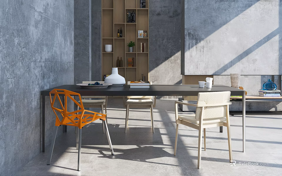 Modern Dining Table Set With Orange And Beige Chairs Concrete Wall And Shelves 3d model 
