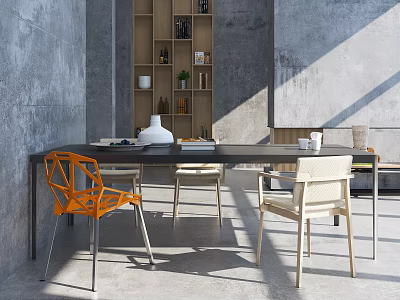 Modern Dining Table Set With Orange And Beige Chairs Concrete Wall And Shelves 3d model