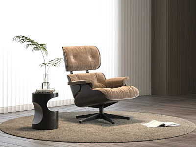 Modern Brown Swivel Leisure Chair With Small Round Side Table Green Plant And Cozy Rug 3d model
