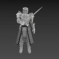 Man in medieval knight armor standing holding sword with detailed metal design