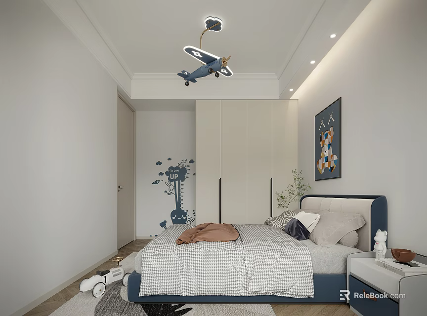 Kids Room Interior With Checkered Bed Giraffe Wall Decals And Airplane Pendant Light 3d model 