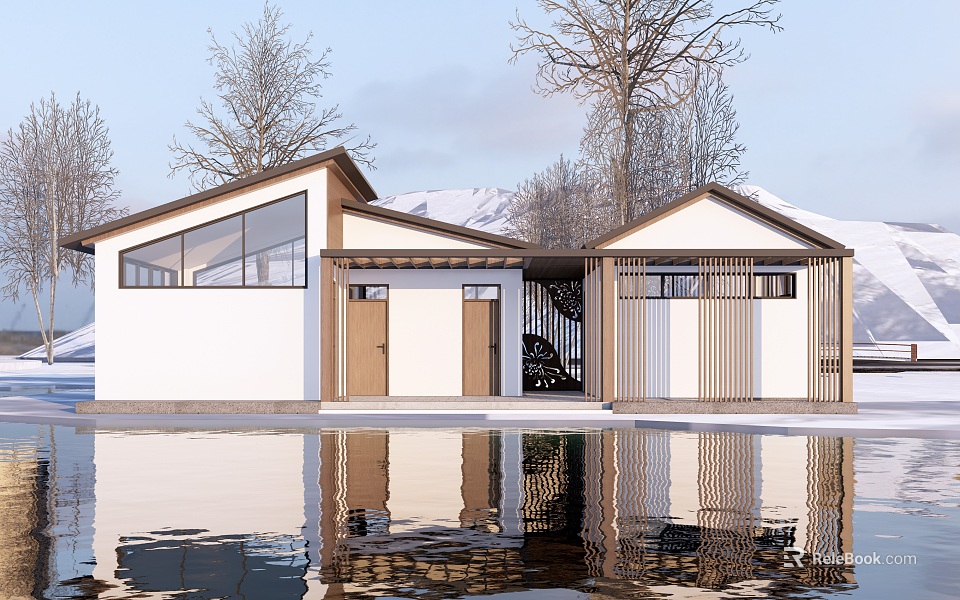 Modern Style Home Featuring Large Windows Wooden Details And Water Reflection Near Trees With Snow 3d model 