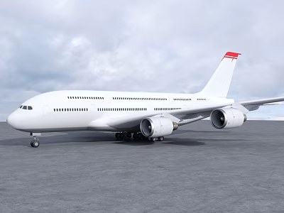 White Commercial Airliner Parked On Airport Runway With Red Tail Fin And Cloudy Sky 3d model