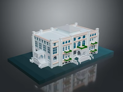 Detailed White Multi Story Architectural Model With Arched Windows Balconies And Green Plants On Platform 3d model