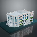 Detailed White Multi Story Architectural Model With Arched Windows Balconies And Green Plants On Platform