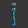 3D Game And Movie Character In Blue Yellow Costume With Helmet Red Chest Emblem Blue Gloves Boots