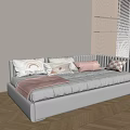 Cozy White Kids Bed With Striped Headboard Pillows Wall Shelves And Wooden Floor