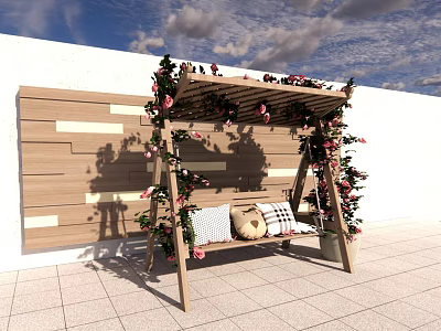 Outdoor Hanging Chair with Wooden Frame Vines Flowers and Cozy Cushions on Patio 3d model