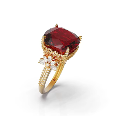 Exquisite Ruby Statement Ring With Large Red Gemstone Gold Setting And Diamond Accents 3d model