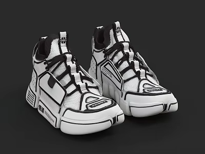 Black and white high top sneakers with mesh upper and modern line design 3d model
