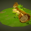 Whimsical Cartoon Scene with Fallen Log Mushrooms Lush Grass and Green Leaves