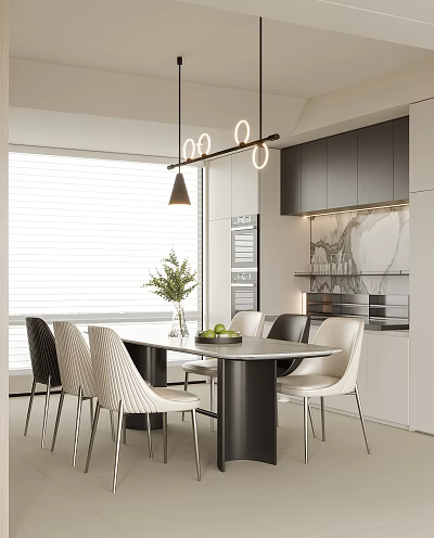 Modern Restaurant Interior Design With Dining Table Black White Chairs Pendant Lights And Green Plant 3d model