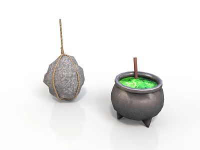 Traditional Household Items Rope Bound Stone Mortar And Black Cauldron With Green Liquid 3d model