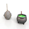 Traditional Household Items Rope Bound Stone Mortar And Black Cauldron With Green Liquid