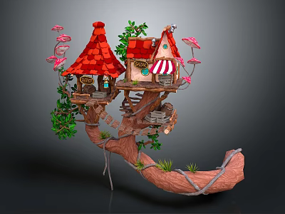 Enchanting Fairy Tale Treehouse Structure With Red Roof Wooden Details Green Plants And Pink Flowers 3d model