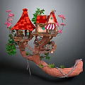 Enchanting Fairy Tale Treehouse Structure With Red Roof Wooden Details Green Plants And Pink Flowers