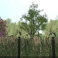 Picturesque Landscape with Blue Sky Green Trees Purple Flowers Black Fence and Tall Grass