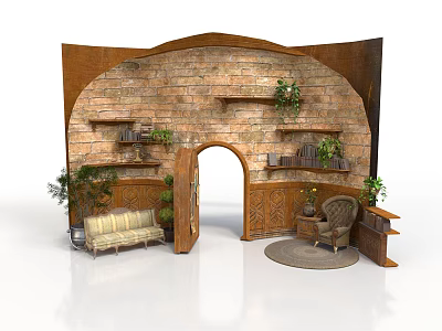 Rustic Interior Space With Arched Doorway Brick Wall Wooden Shelves Plants Sofa And Armchair 3d model