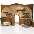 Rustic Interior Space With Arched Doorway Brick Wall Wooden Shelves Plants Sofa And Armchair