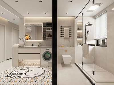 Modern Bathroom Interior With Vanity Mirror Washing Machine Toilet Shower Area And Decorative Rug 3d model