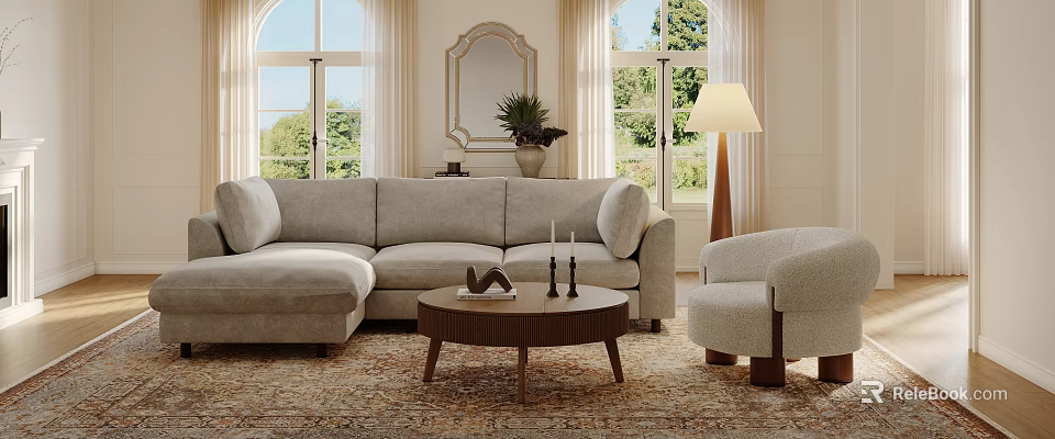 Soft Beige Sectional Sofa And Solid Wood Coffee Table Set For Cozy Bright Modern Living Room 3d model 