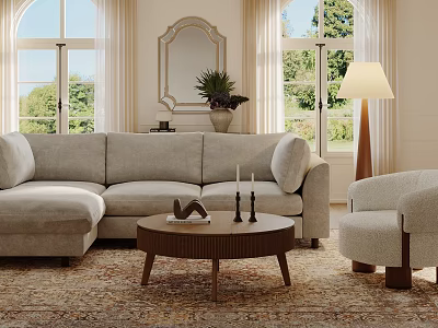 Soft Beige Sectional Sofa And Solid Wood Coffee Table Set For Cozy Bright Modern Living Room 3d model