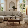Soft Beige Sectional Sofa And Solid Wood Coffee Table Set For Cozy Bright Modern Living Room