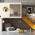 Playful Kids Loft Bed with Yellow Slide Stairs Cozy Chair and Decorative Art