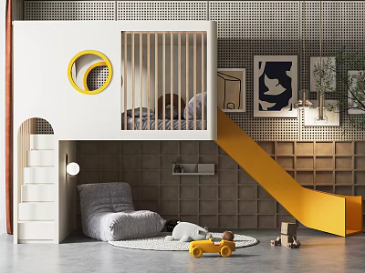 Playful Kids Loft Bed with Yellow Slide Stairs Cozy Chair and Decorative Art 3d model