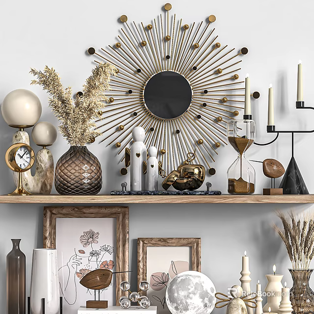 Decorative Ornament Set With Sunburst Mirror Dried Flowers Vase Figurines Hourglass For Home Shelf Decoration 3d model 