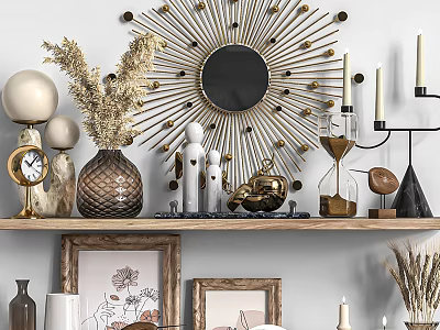 Decorative Ornament Set With Sunburst Mirror Dried Flowers Vase Figurines Hourglass For Home Shelf Decoration 3d model