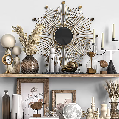 Decorative Ornament Set With Sunburst Mirror Dried Flowers Vase Figurines Hourglass For Home Shelf Decoration 3d model