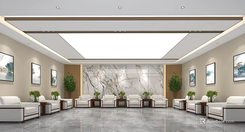 Modern Hotel Public Lounge Interior Design With Marble Wall Comfortable Seating And Green Plants 3d model 