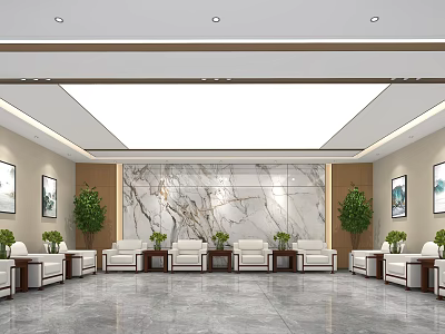 Modern Hotel Public Lounge Interior Design With Marble Wall Comfortable Seating And Green Plants 3d model