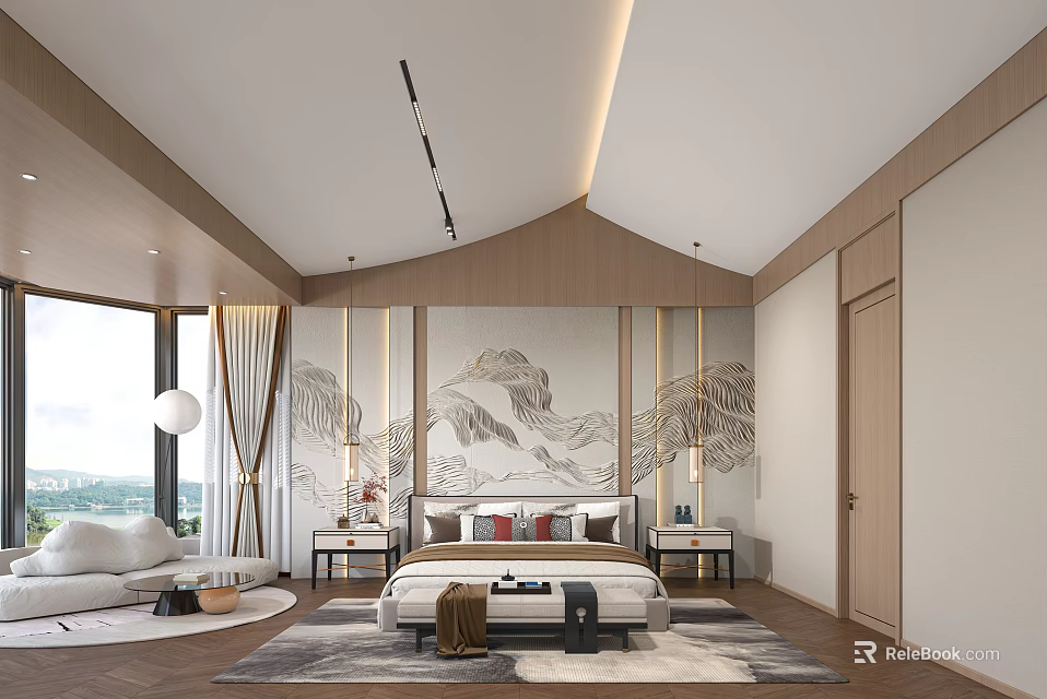 Modern Bedroom Interior With Wooden Ceiling Mountain Mural Large Bed And Floor to Ceiling Window 3d model 