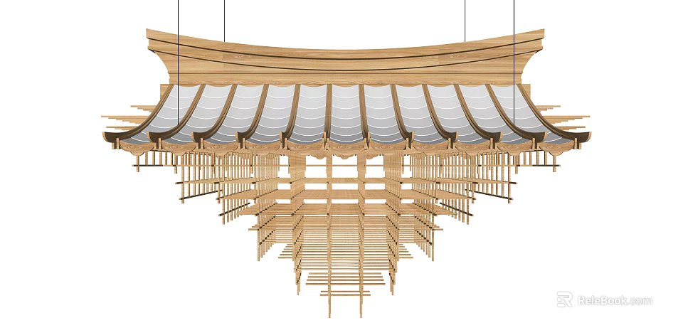 Wooden Chandelier With Pagoda Style Layered Sloped Roof And Intricate Lattice Design 3d model 