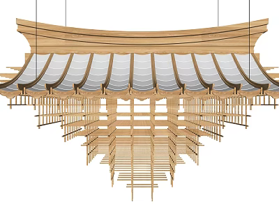 Wooden Chandelier With Pagoda Style Layered Sloped Roof And Intricate Lattice Design 3d model