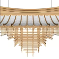 Wooden Chandelier With Pagoda Style Layered Sloped Roof And Intricate Lattice Design