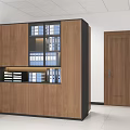 Modern Wooden Bookcase With Glass Door Compartments Blue Folders And Stacked Documents